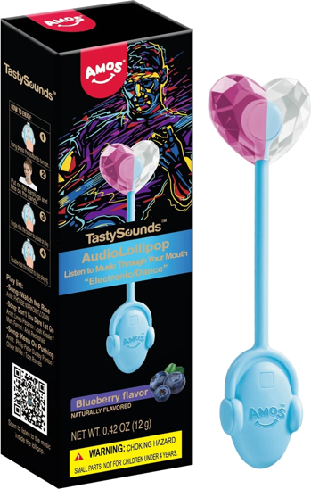 AMOS TastySounds Audio Lollipop de arándano: paleta de corazón facetado rosa y transparente, mango celeste y empaque original